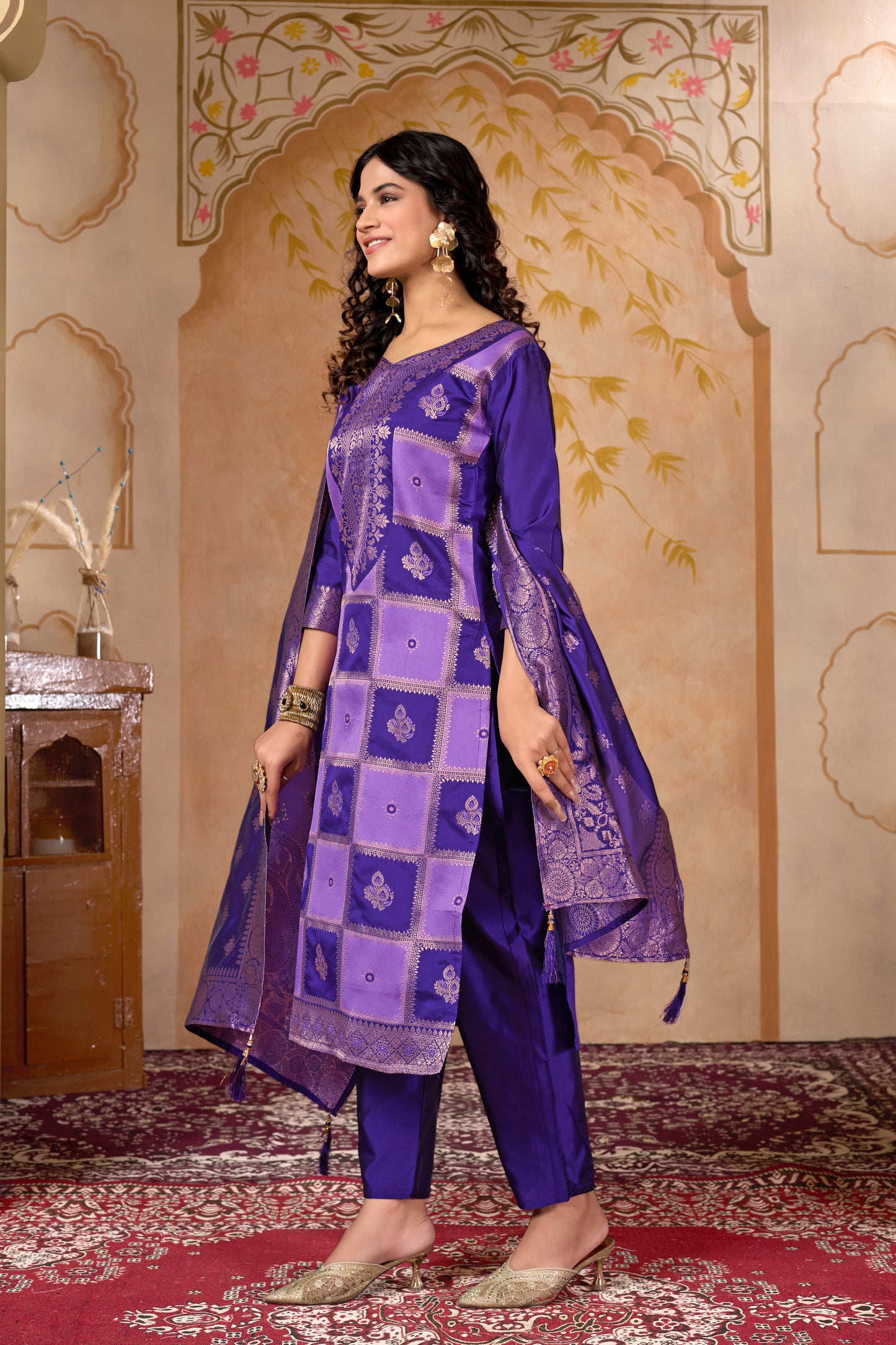 Purple Banarasi Silk Jacquard Kurta Set with Dupatta
