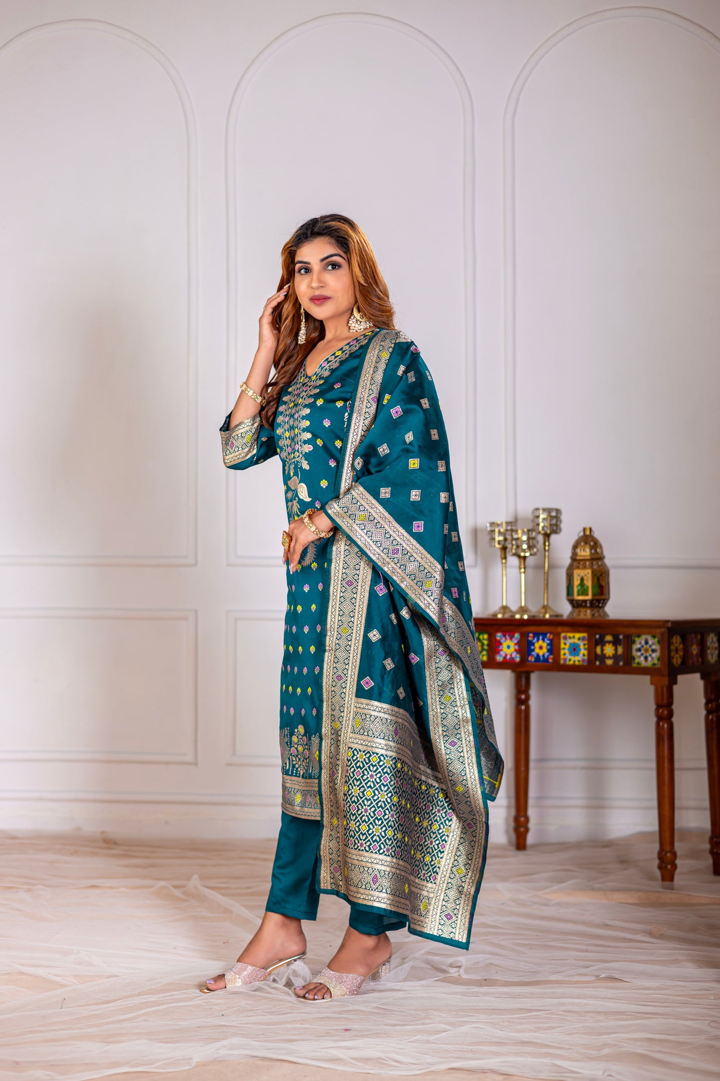 Teal Silk jacquard Kurta Set with Dupatta