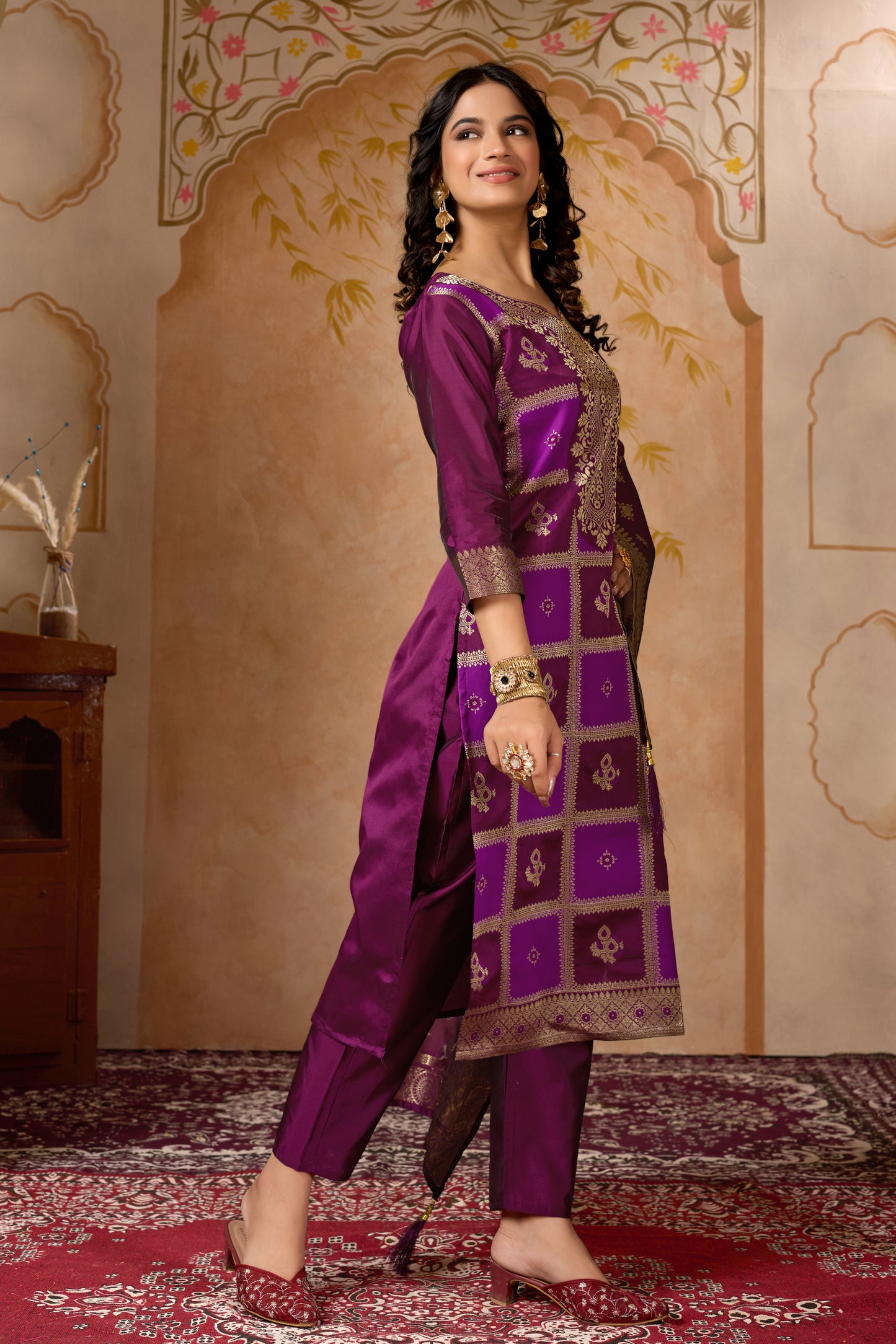 Wine Banarasi Silk Jacquard Kurta Set with Dupatta