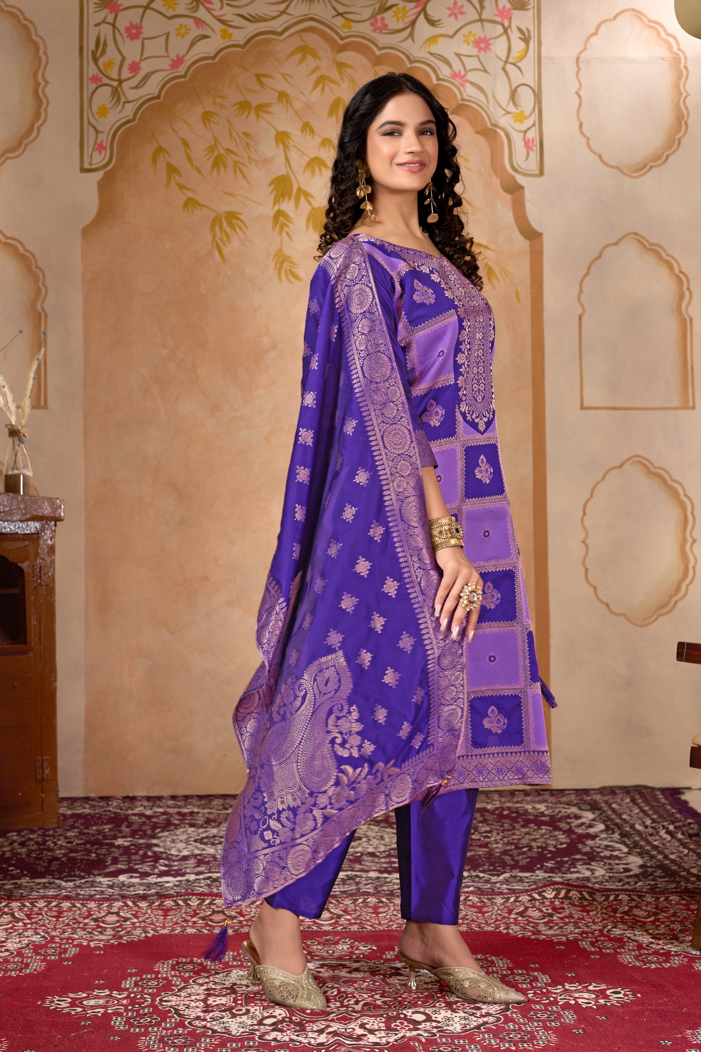 Purple Banarasi Silk Jacquard Kurta Set with Dupatta