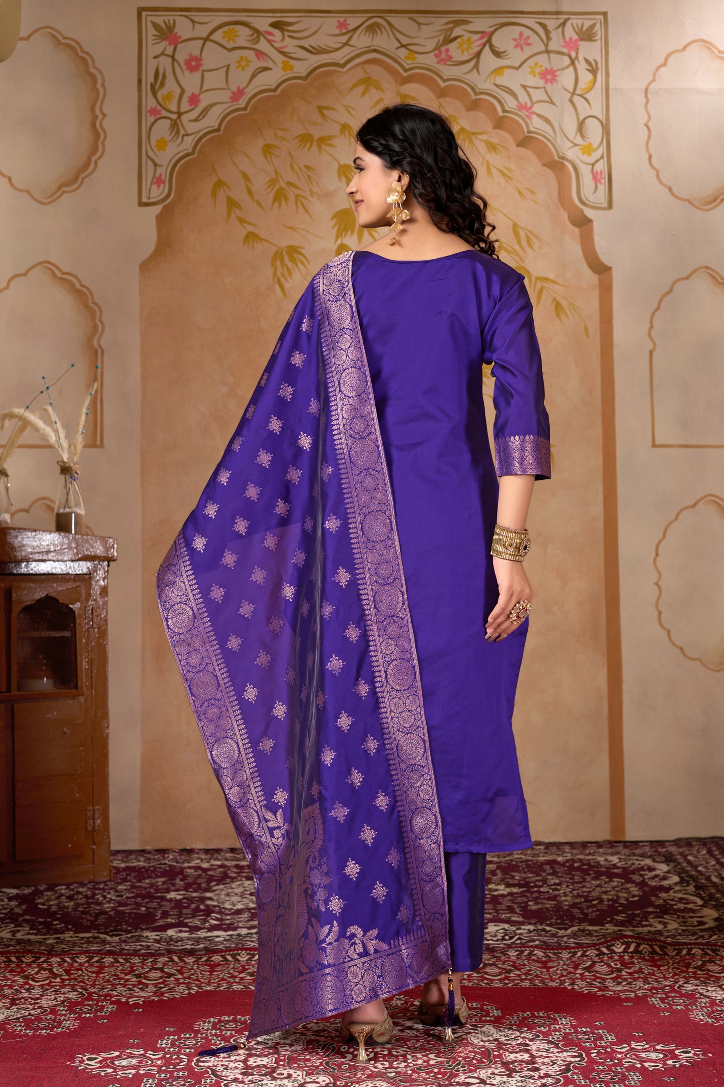 Purple Banarasi Silk Jacquard Kurta Set with Dupatta