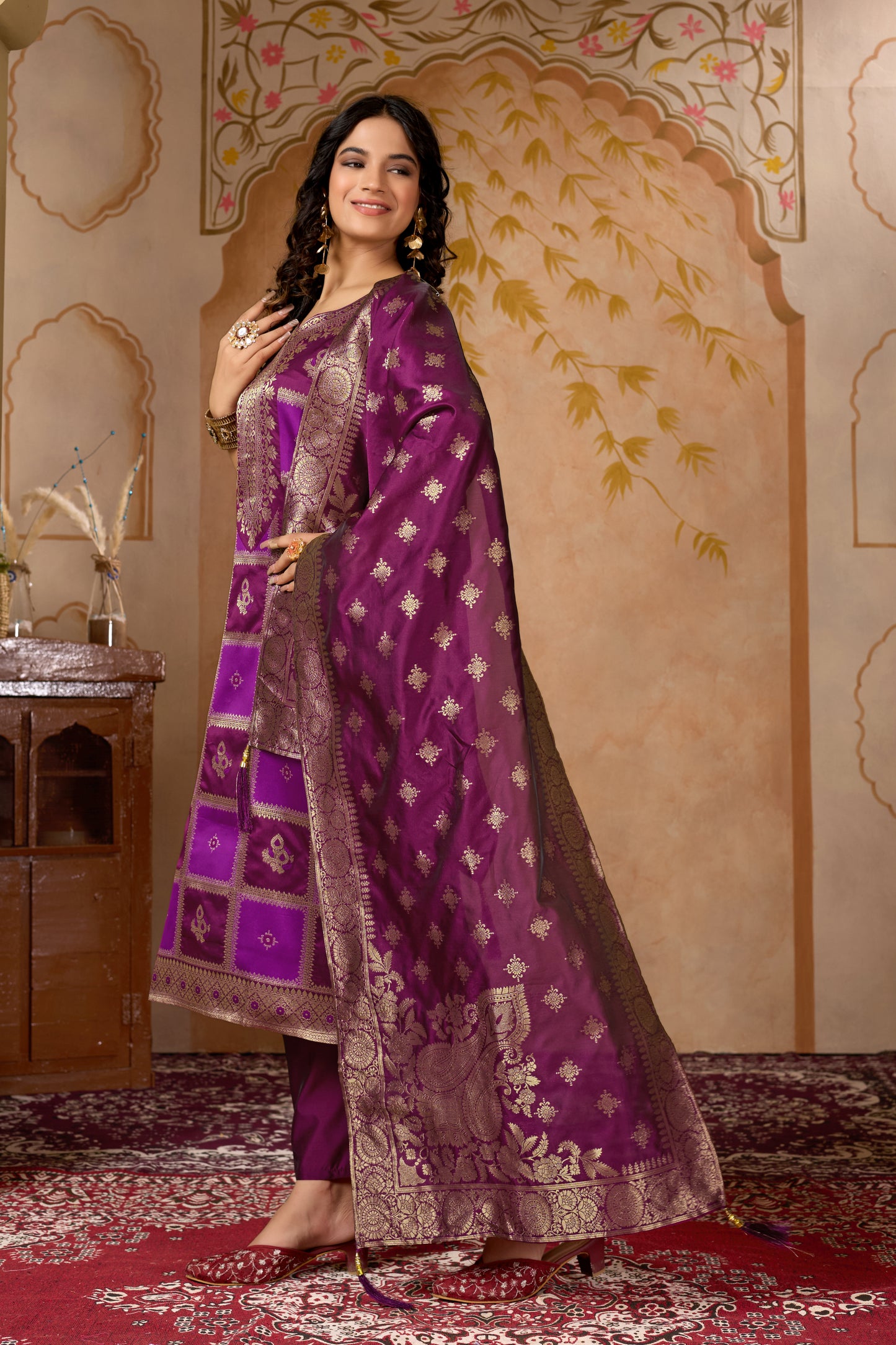 Wine Banarasi Silk Jacquard Kurta Set with Dupatta