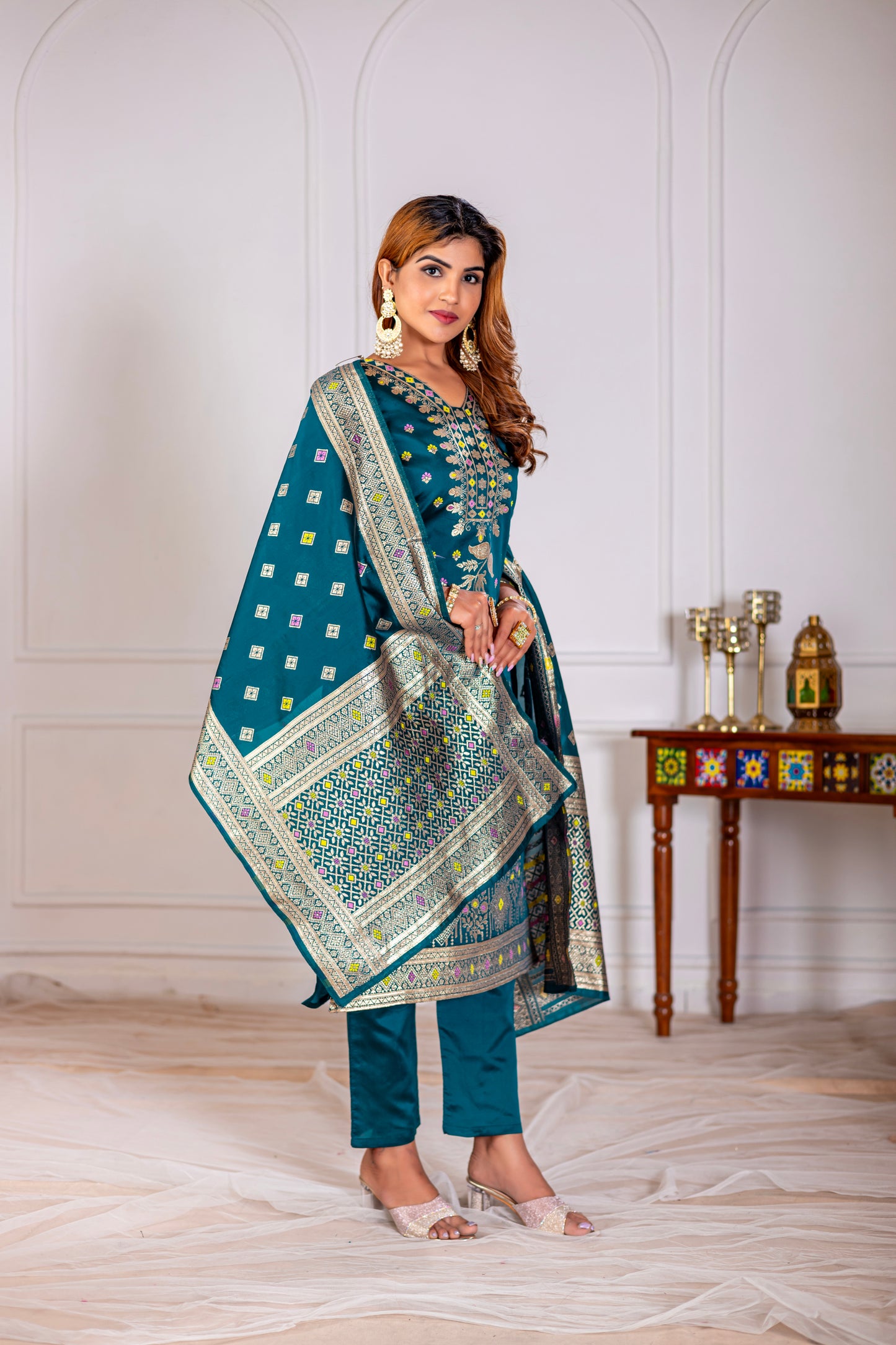 Teal Silk jacquard Kurta Set with Dupatta