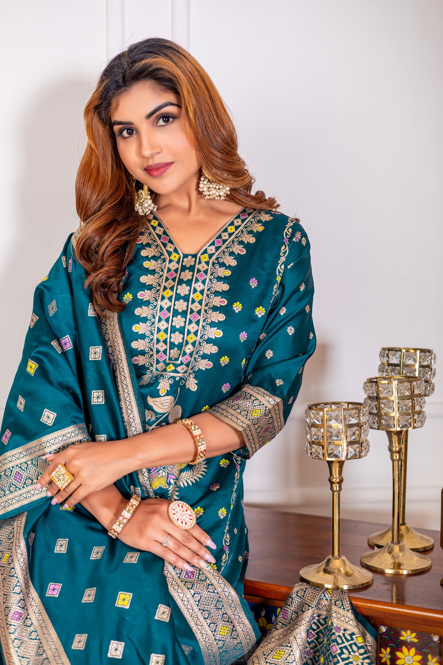 Teal Silk jacquard Kurta Set with Dupatta