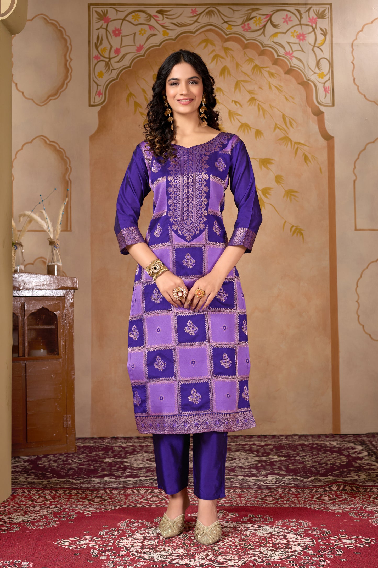 Purple Banarasi Silk Jacquard Kurta Set with Dupatta
