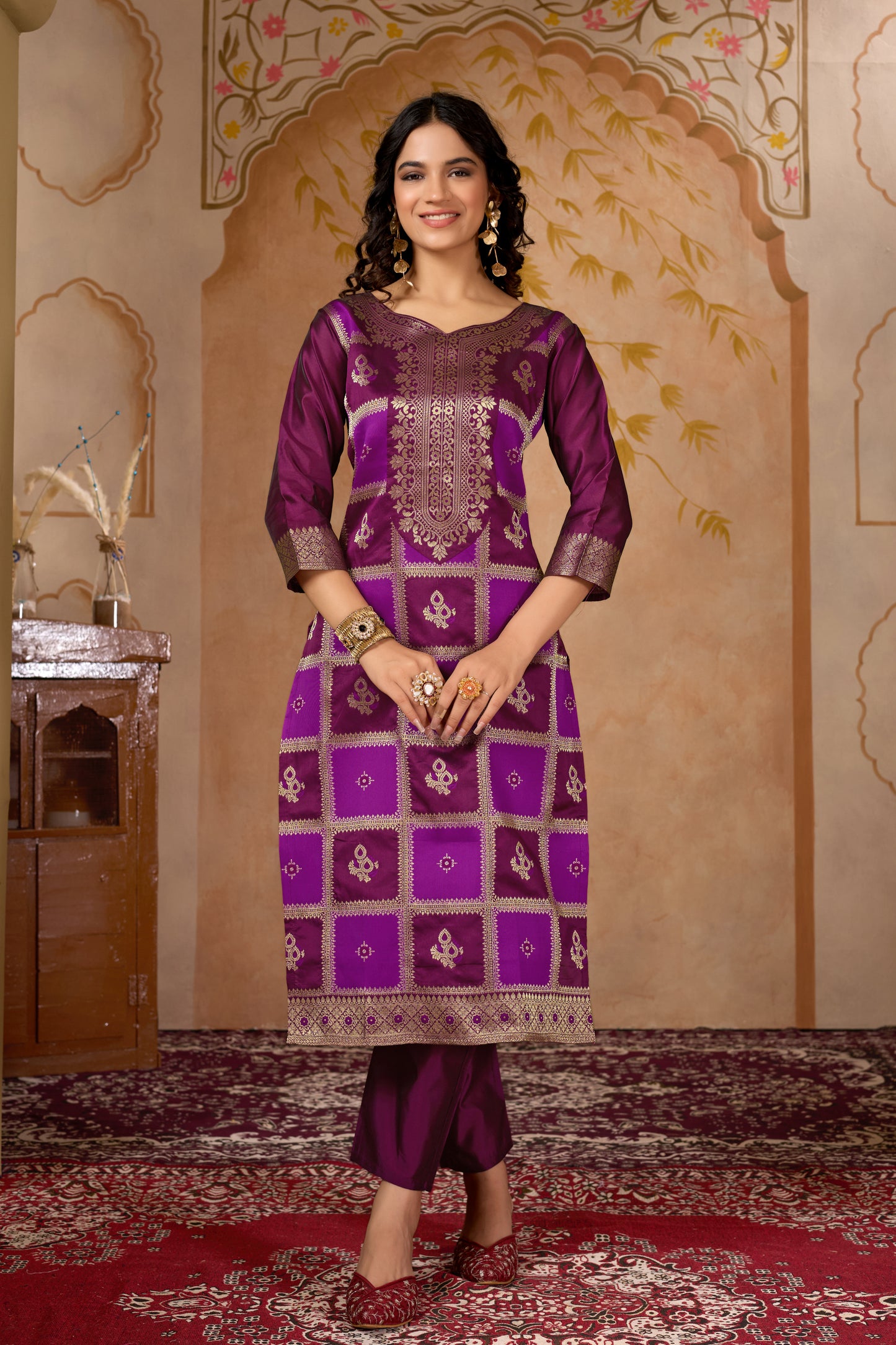 Wine Banarasi Silk Jacquard Kurta Set with Dupatta