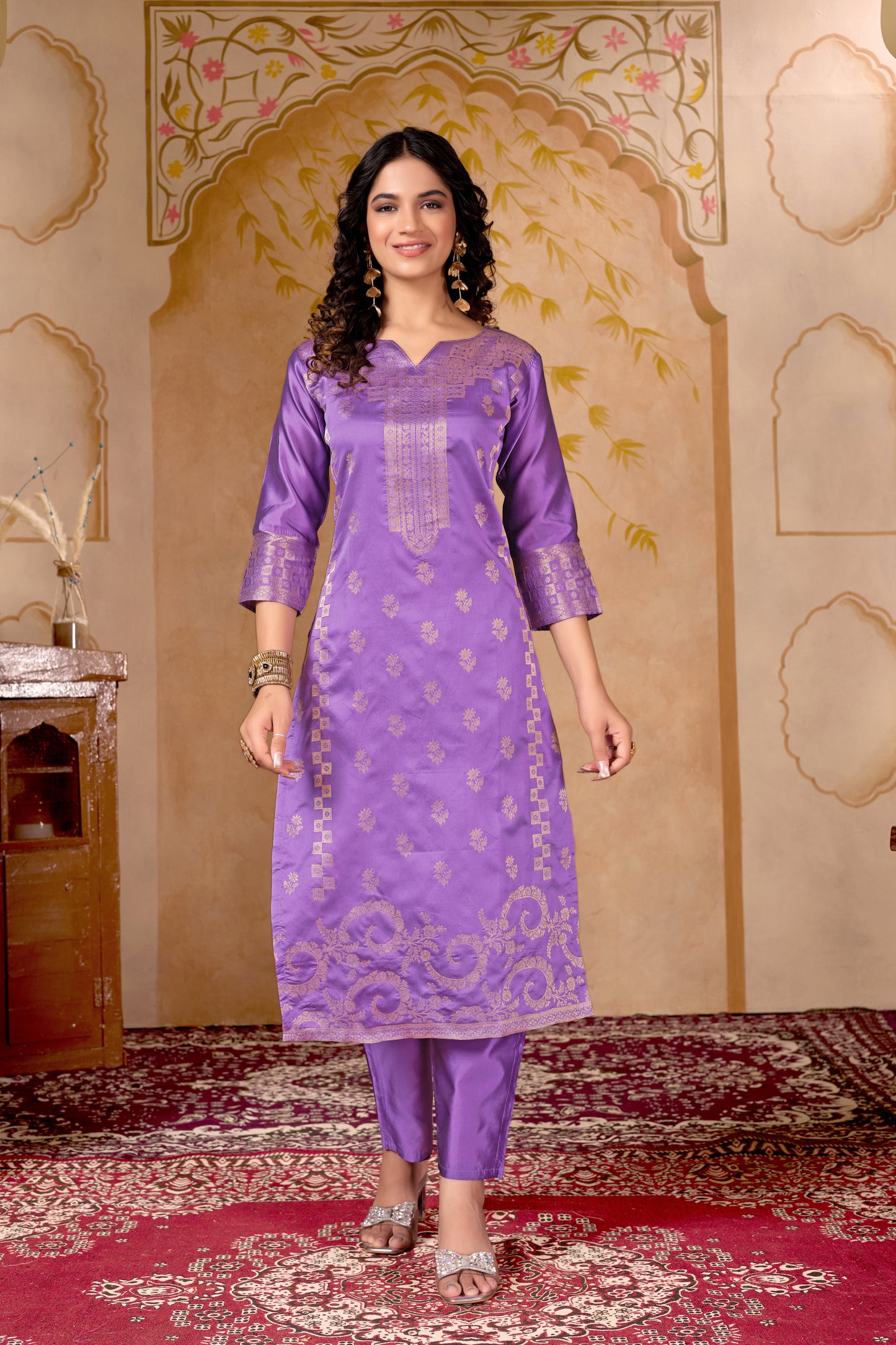 Banarasi Lavender Silk Jacquard Kurta Set with Dupatta
