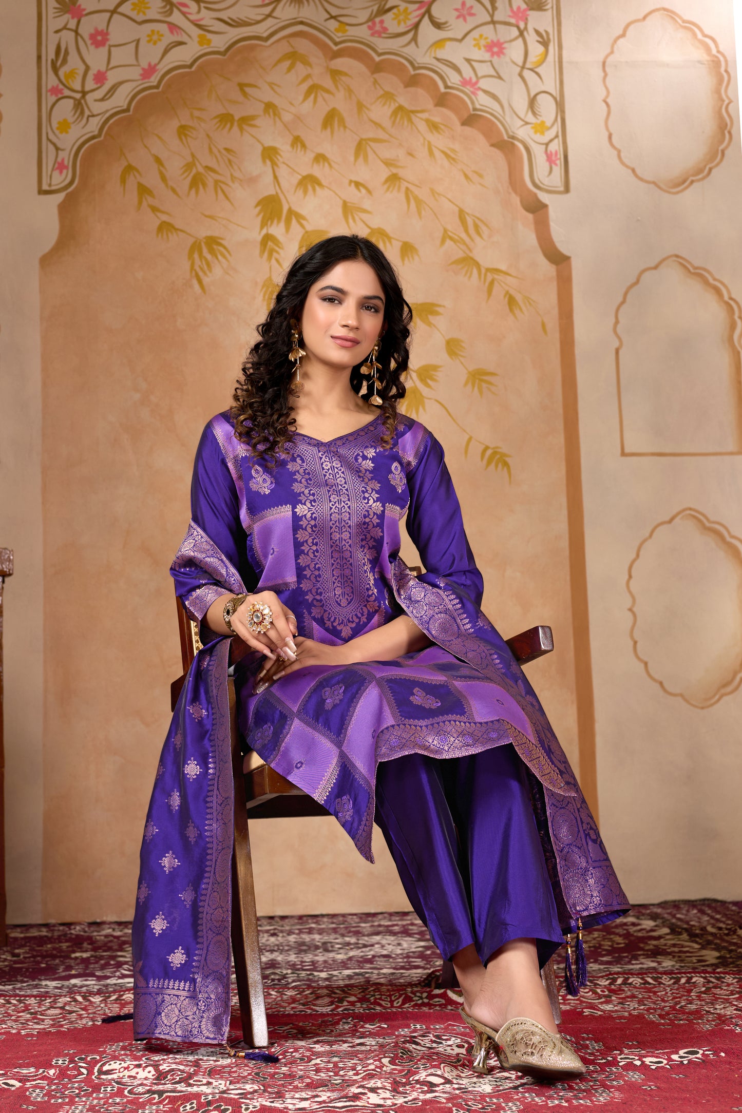 Purple Banarasi Silk Jacquard Kurta Set with Dupatta