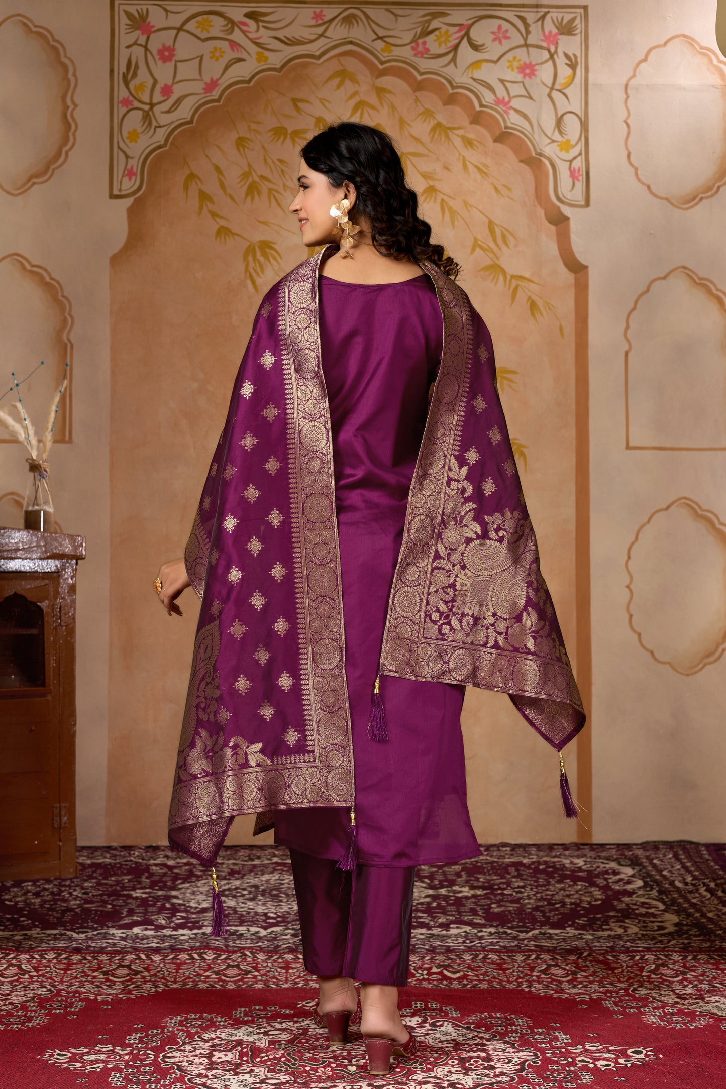 Wine Banarasi Silk Jacquard Kurta Set with Dupatta