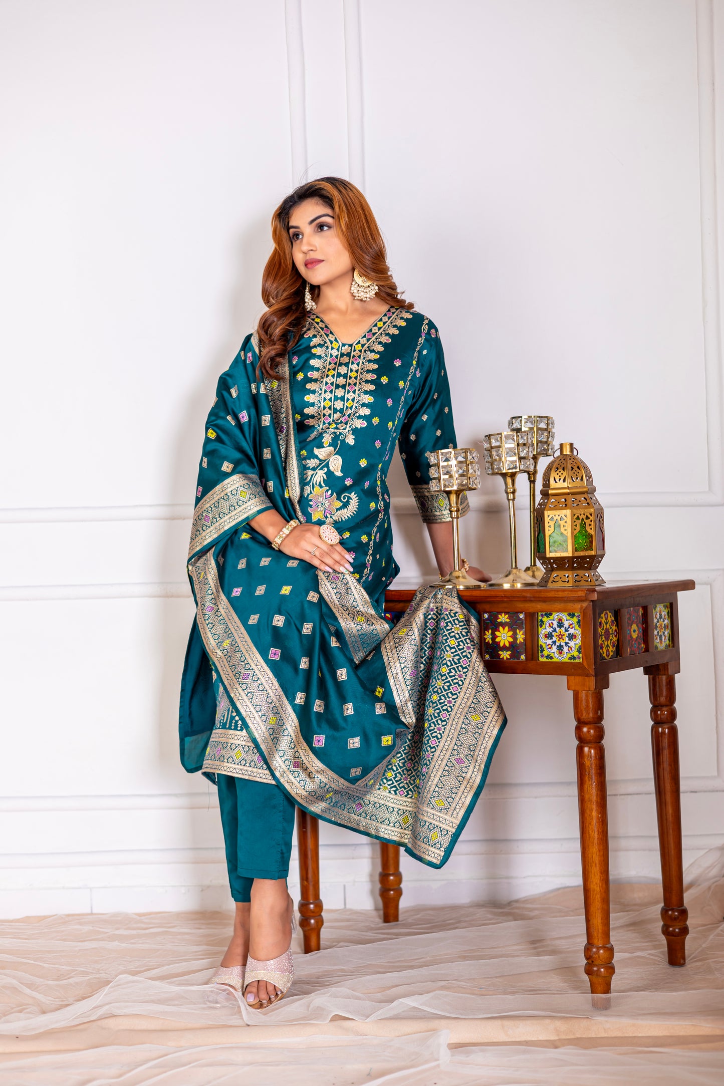 Teal Silk jacquard Kurta Set with Dupatta