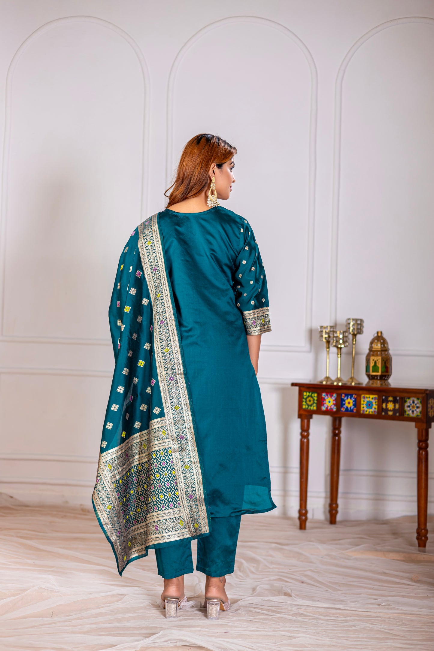 Teal Silk jacquard Kurta Set with Dupatta