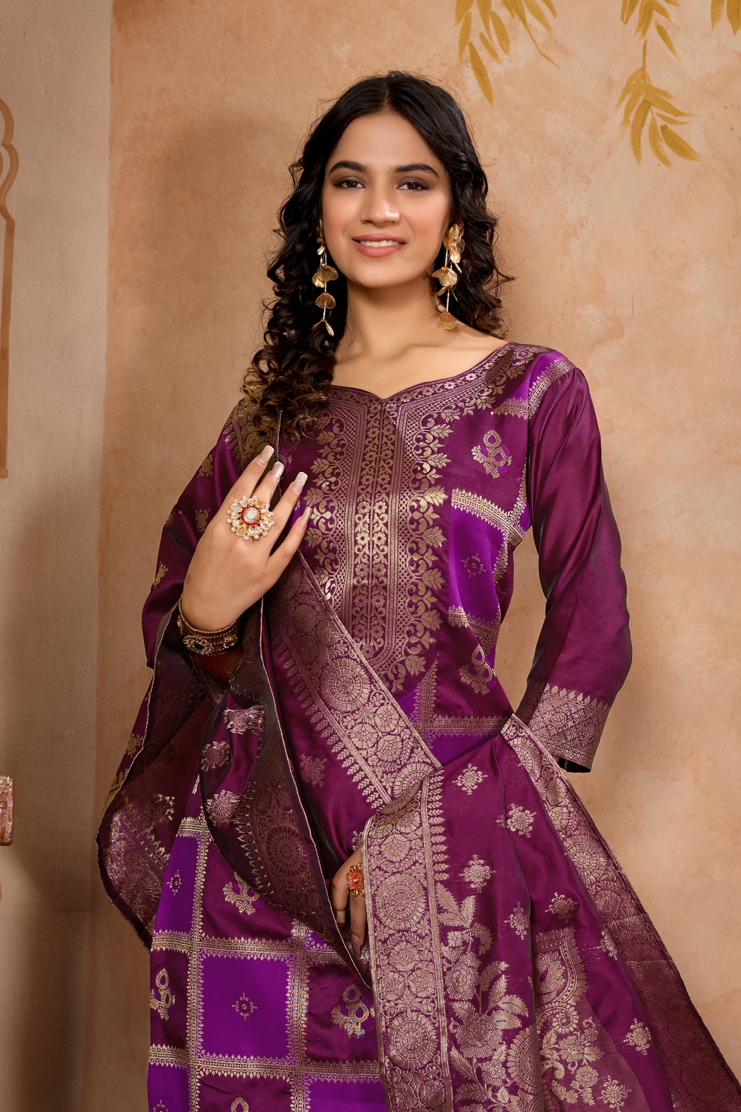 Wine Banarasi Silk Jacquard Kurta Set with Dupatta