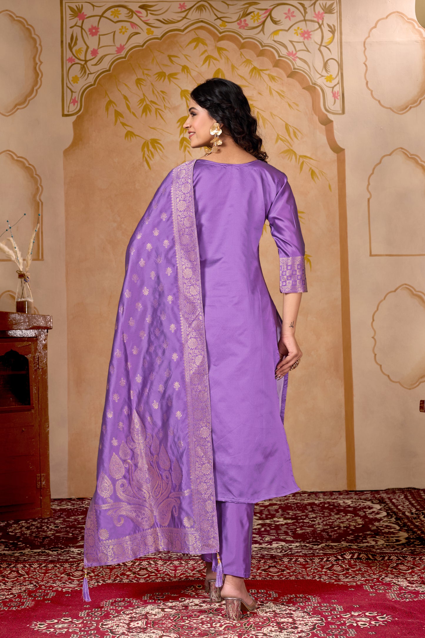 Banarasi Lavender Silk Jacquard Kurta Set with Dupatta