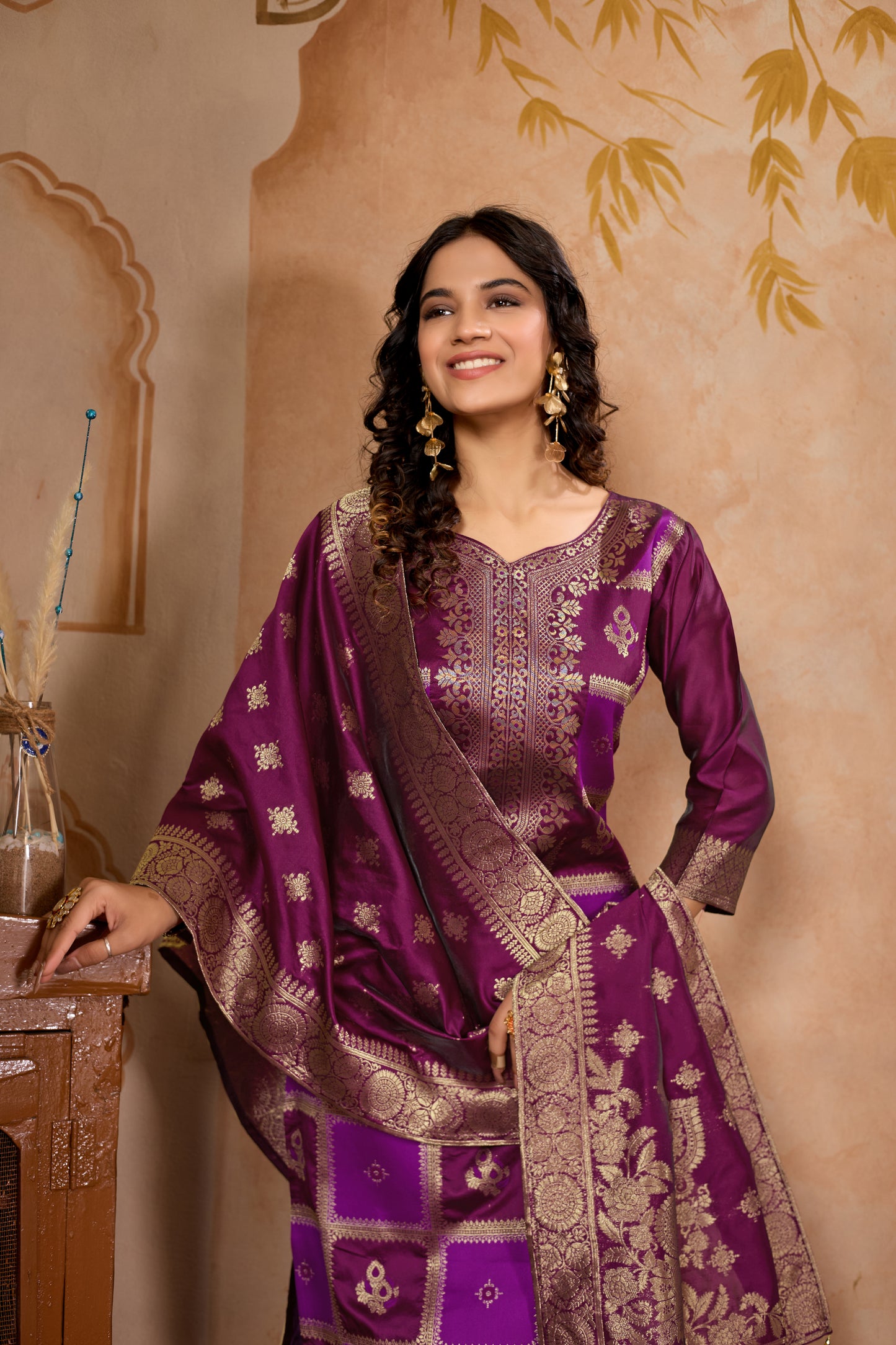 Wine Banarasi Silk Jacquard Kurta Set with Dupatta