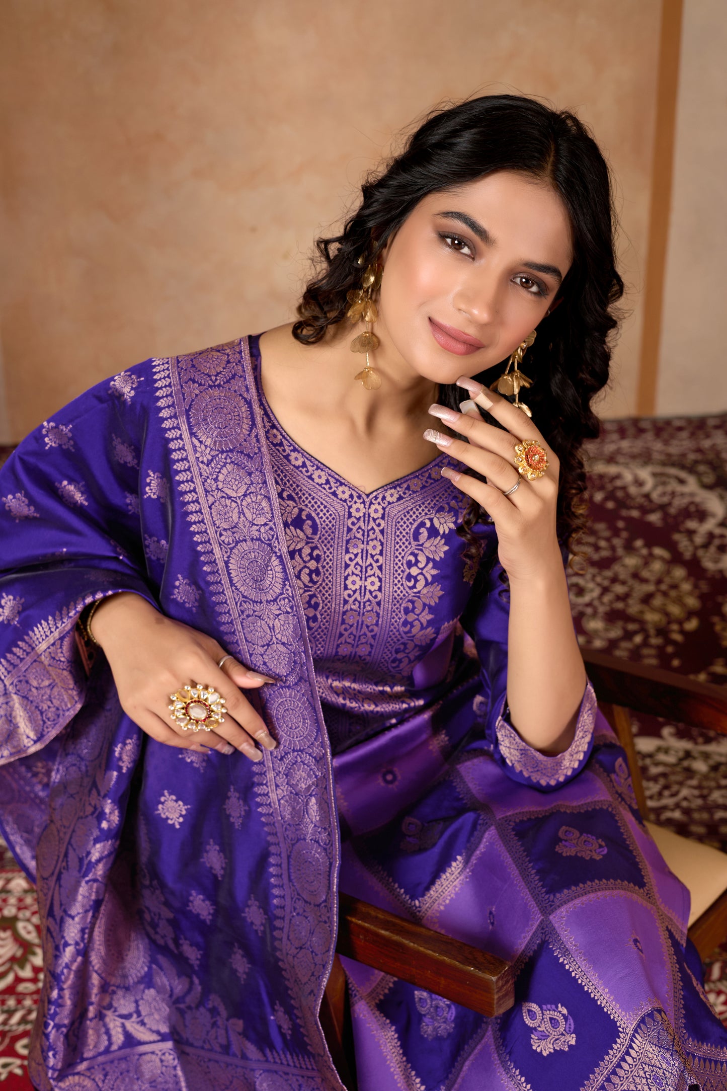 Purple Banarasi Silk Jacquard Kurta Set with Dupatta