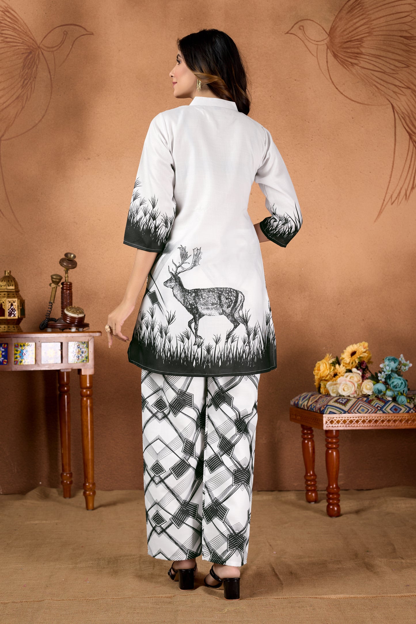 Trendy Deer Print Kurta and Geometric Co-ord Set for Women