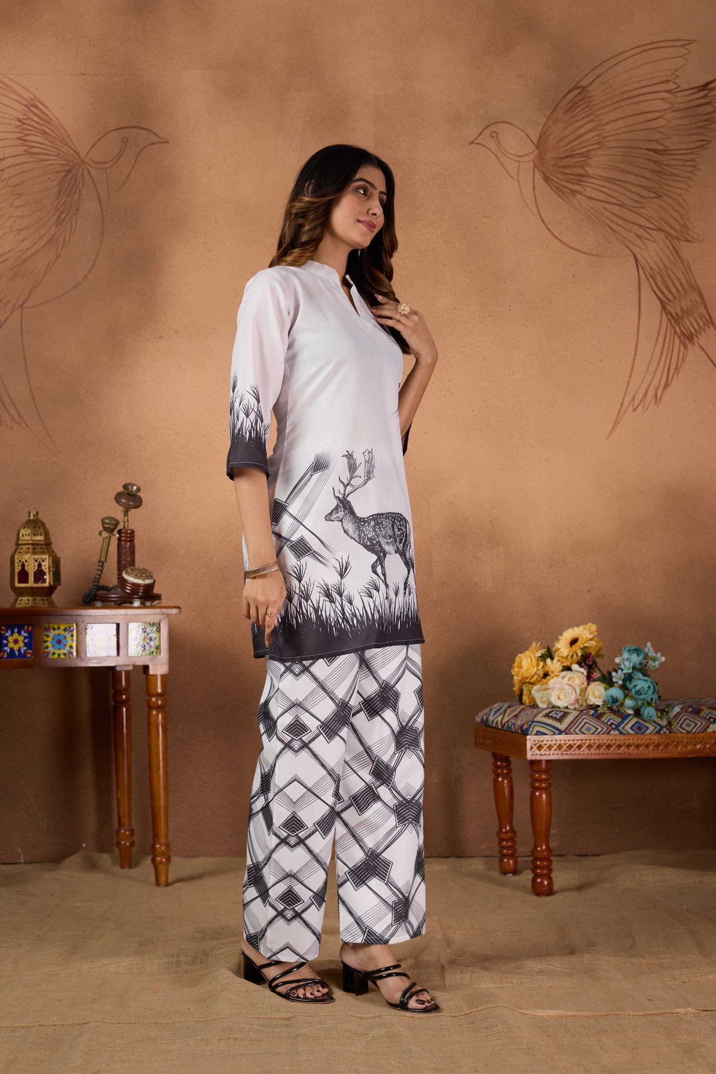 Trendy Deer Print Kurta and Geometric Co-ord Set for Women