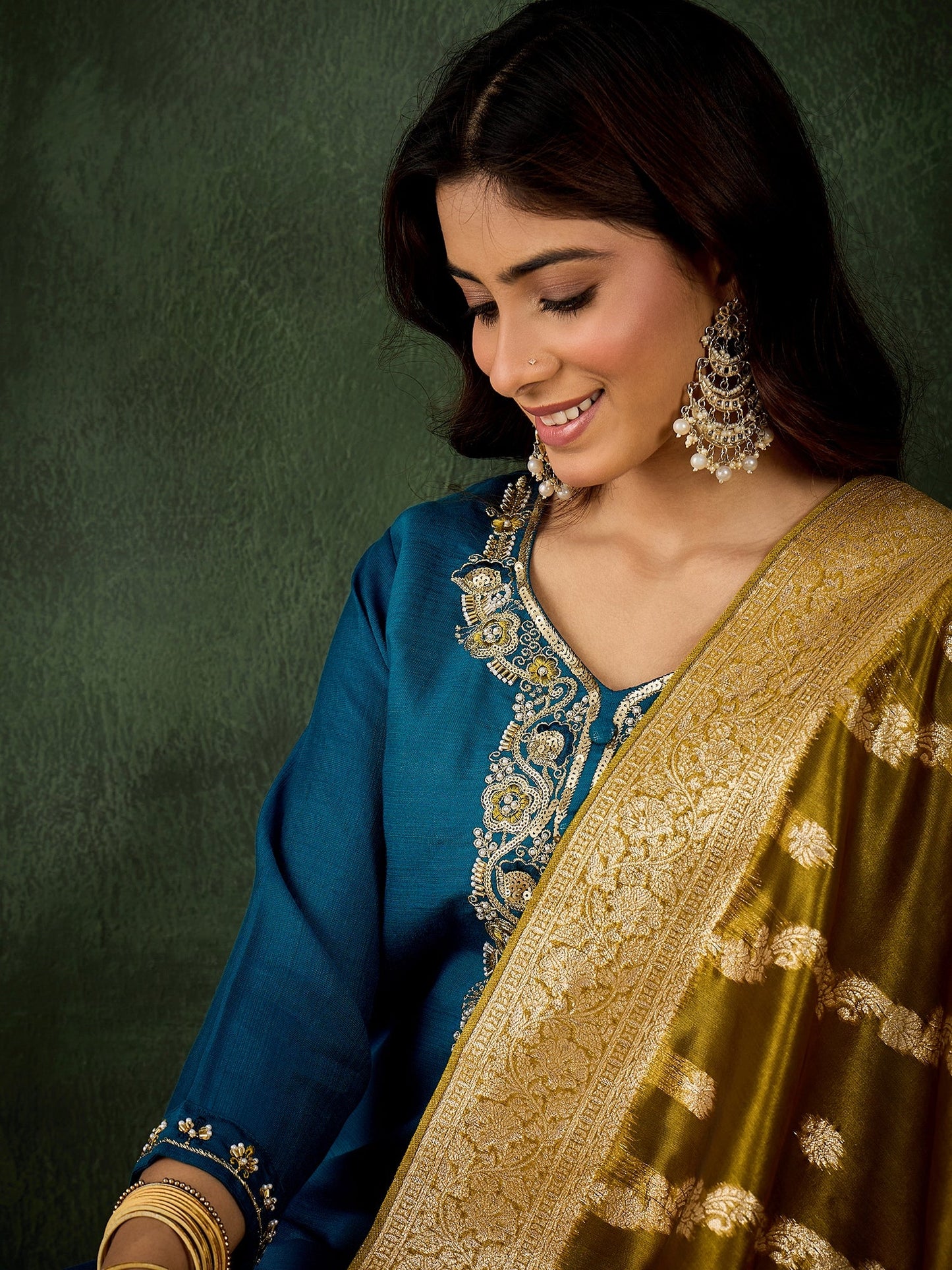 Stylish Teal Straight Kurta with Banarasi Dupatta