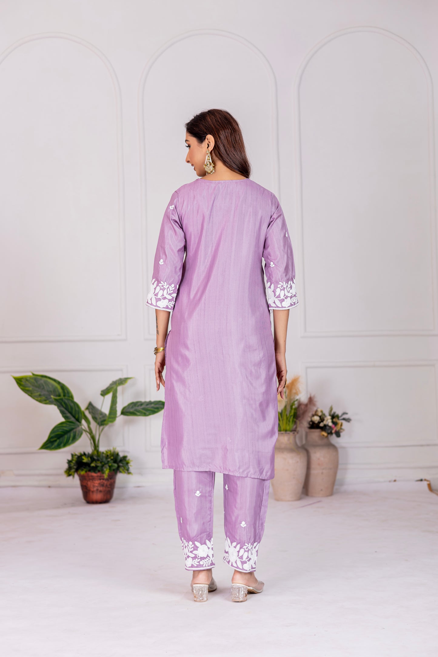 Stylish Lavender Floral Embroidered Kurta Pant Set
