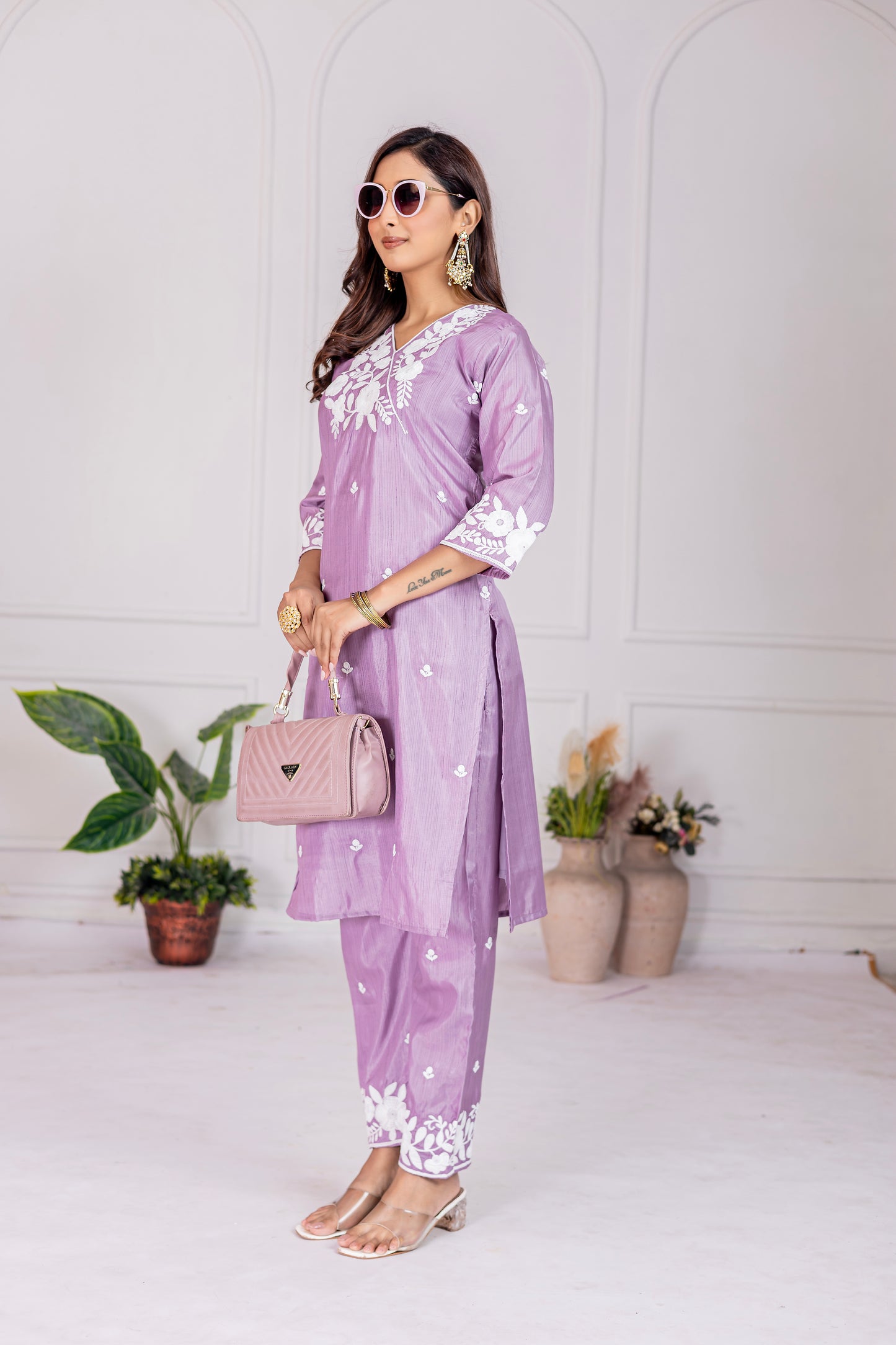 Stylish Lavender Floral Embroidered Kurta Pant Set
