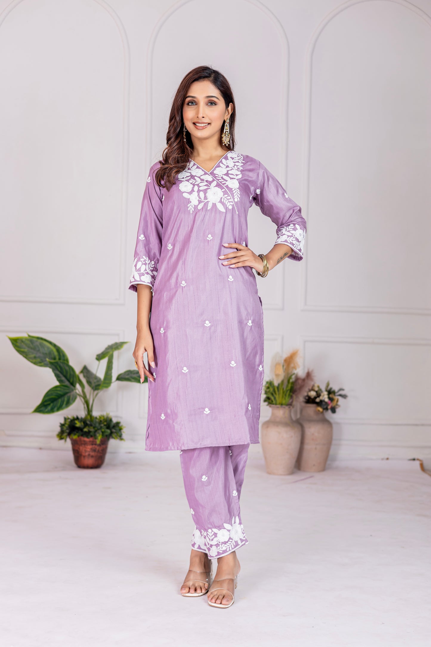Stylish Lavender Floral Embroidered Kurta Pant Set