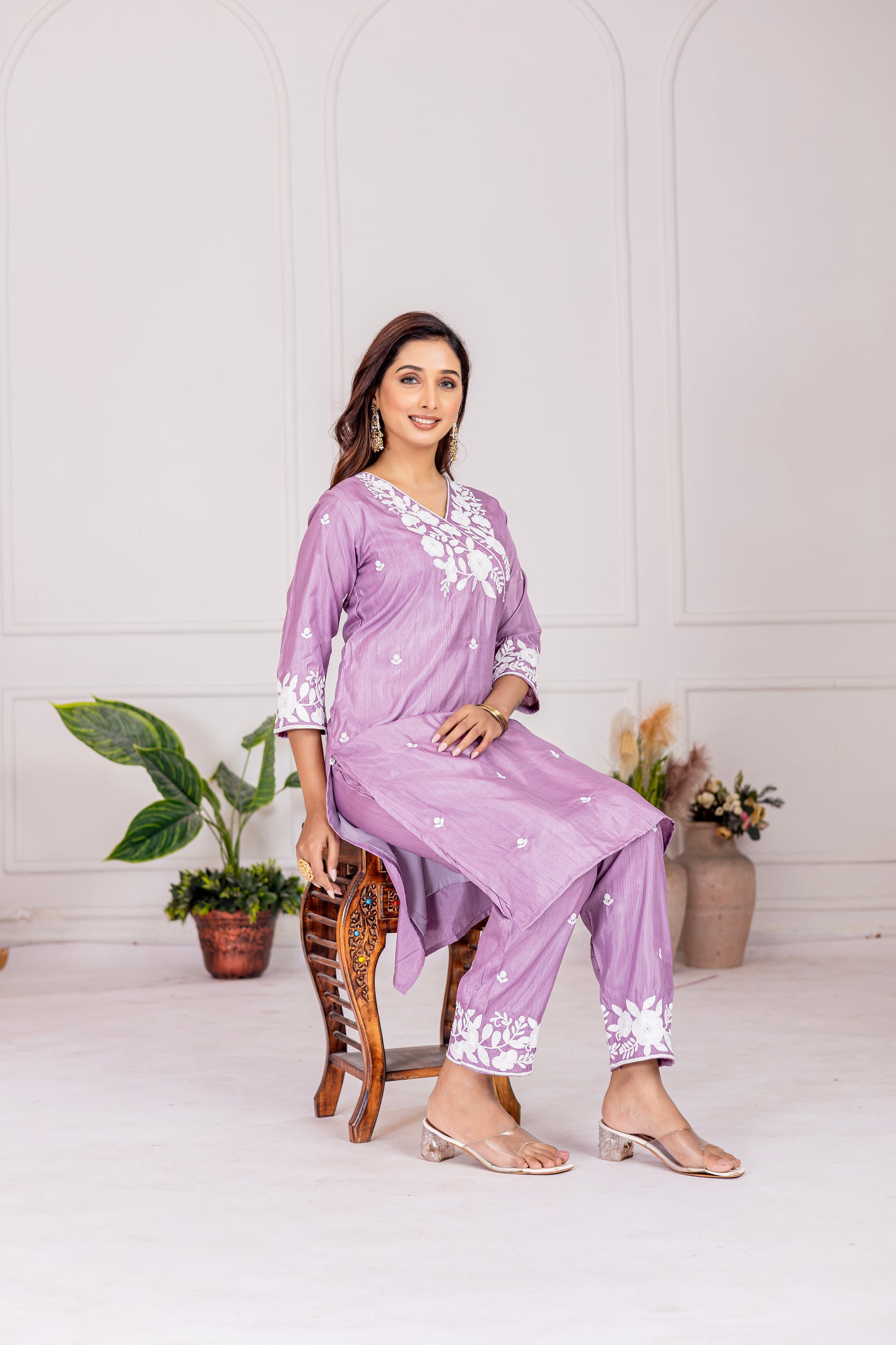 Stylish Lavender Floral Embroidered Kurta Pant Set