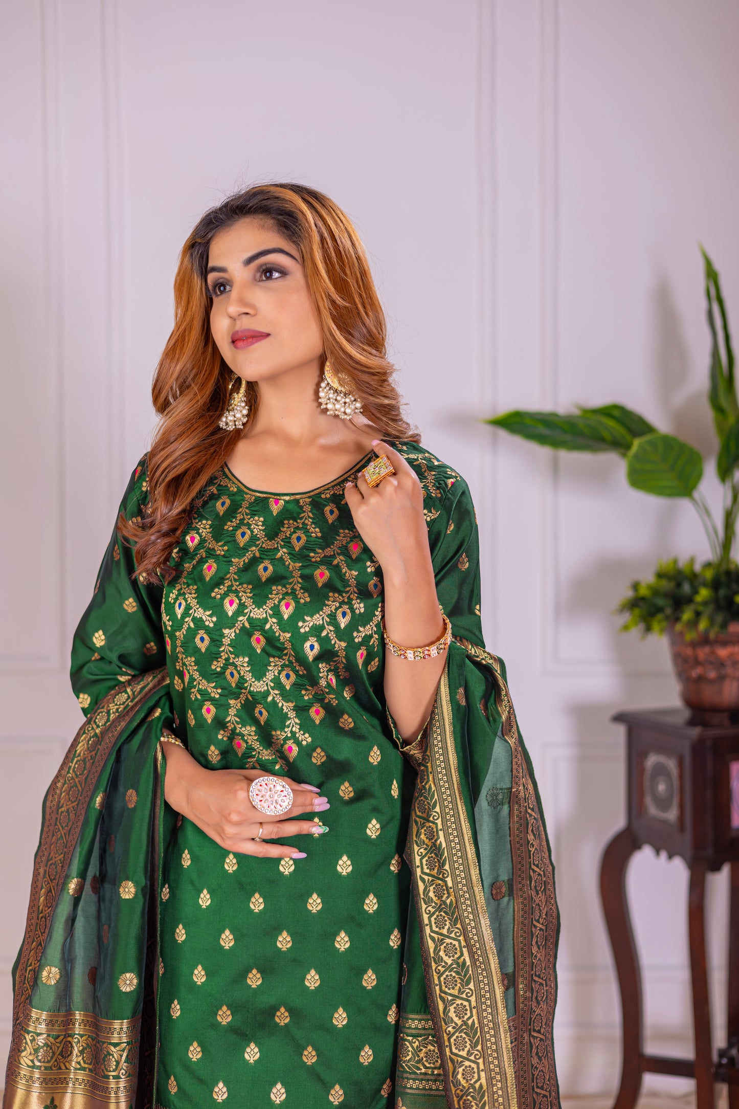 Green Paithani Silk Jacquard Kurta Set with Dupatta