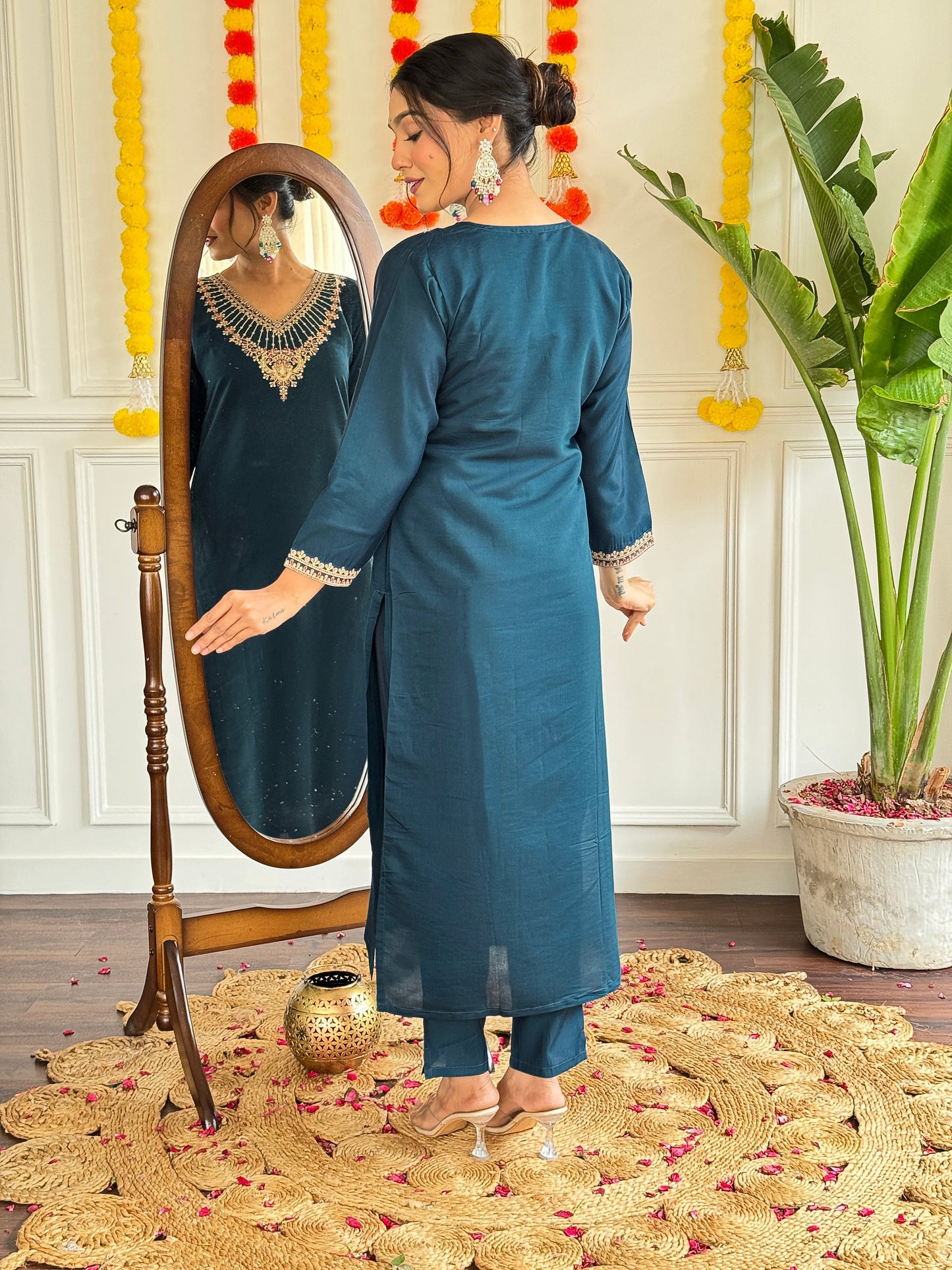 Elegant Teal Rayon Kurta Set with Dupatta & Embroidery