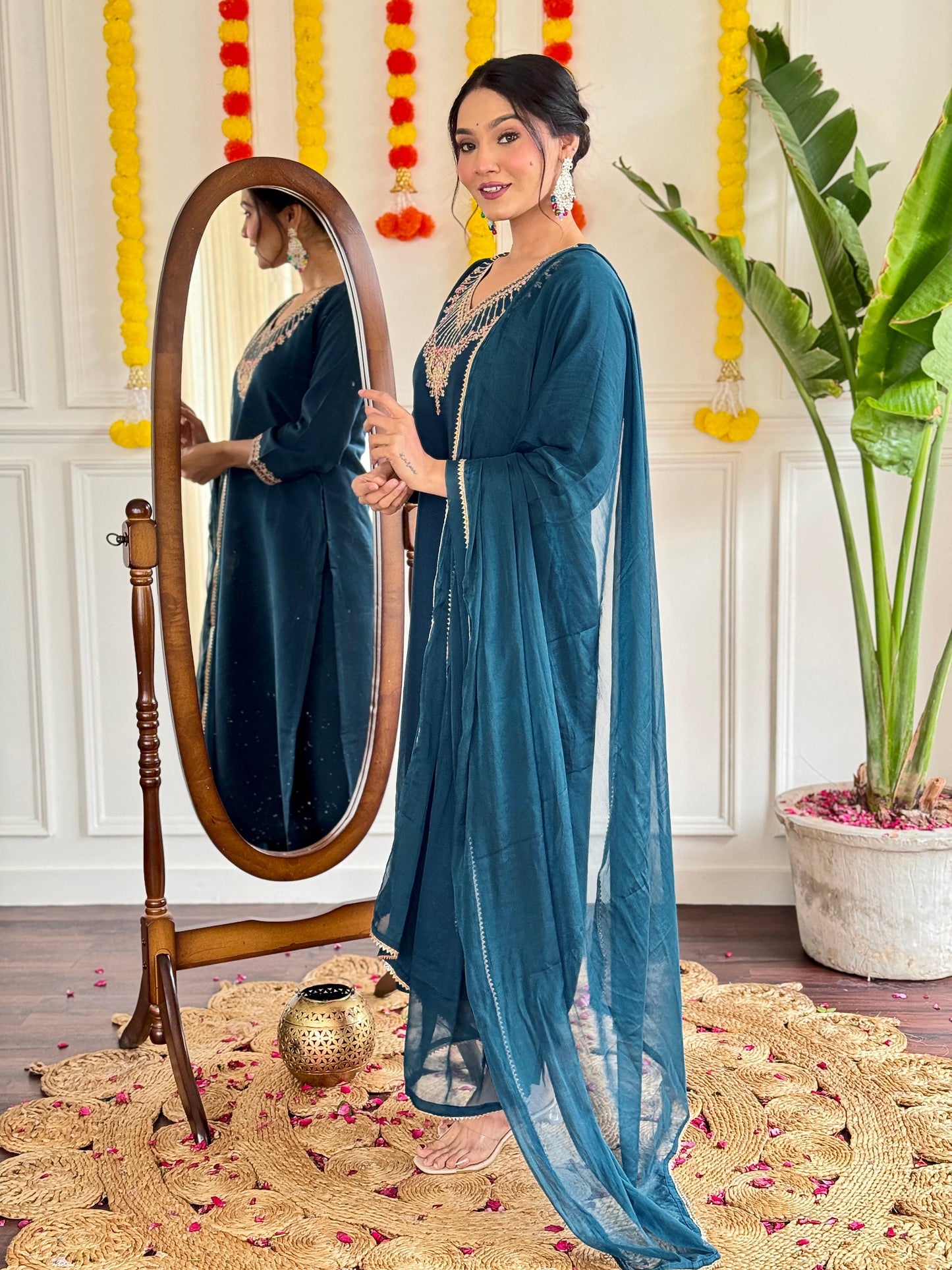 Elegant Teal Rayon Kurta Set with Dupatta & Embroidery