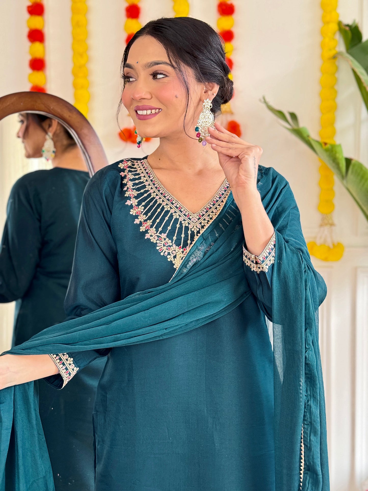 Elegant Teal Rayon Kurta Set with Dupatta & Embroidery