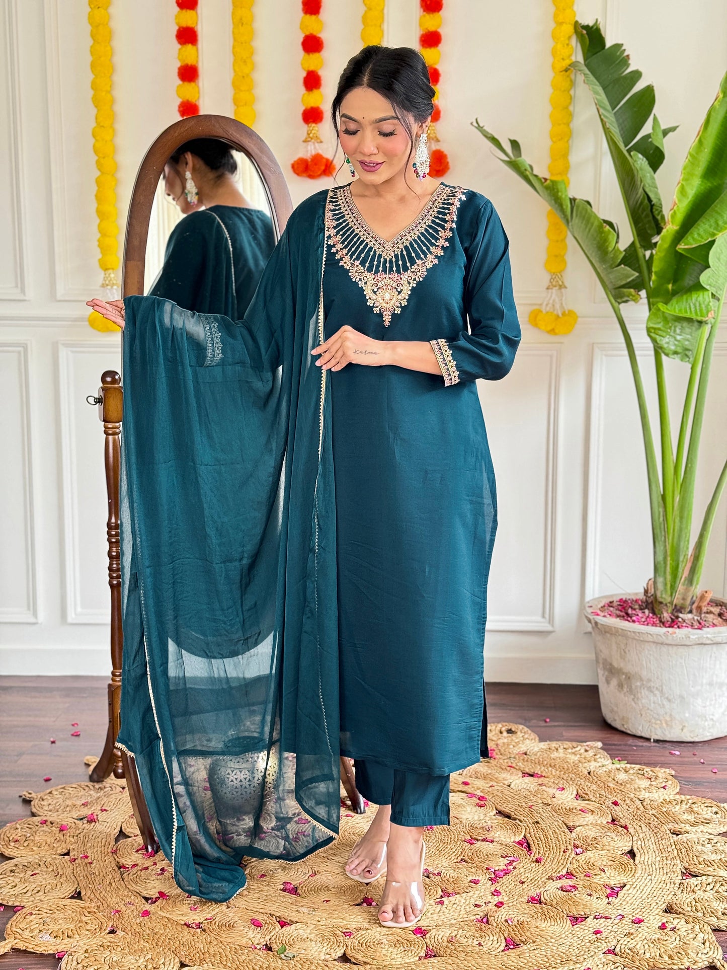 Elegant Teal Rayon Kurta Set with Dupatta & Embroidery