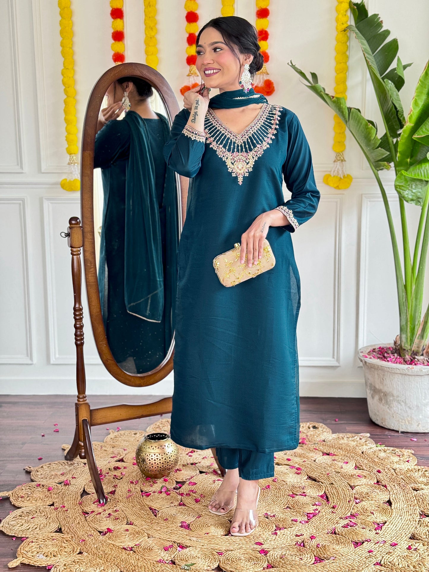Elegant Teal Rayon Kurta Set with Dupatta & Embroidery