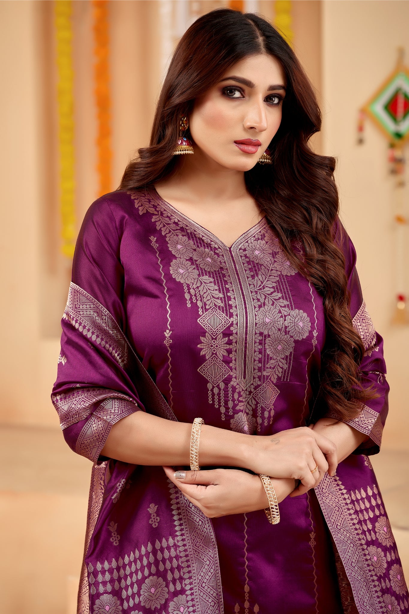Elegant Wine Jacquard Kurti Pant Dupatta Set for Women | Festive Ethnic Wear