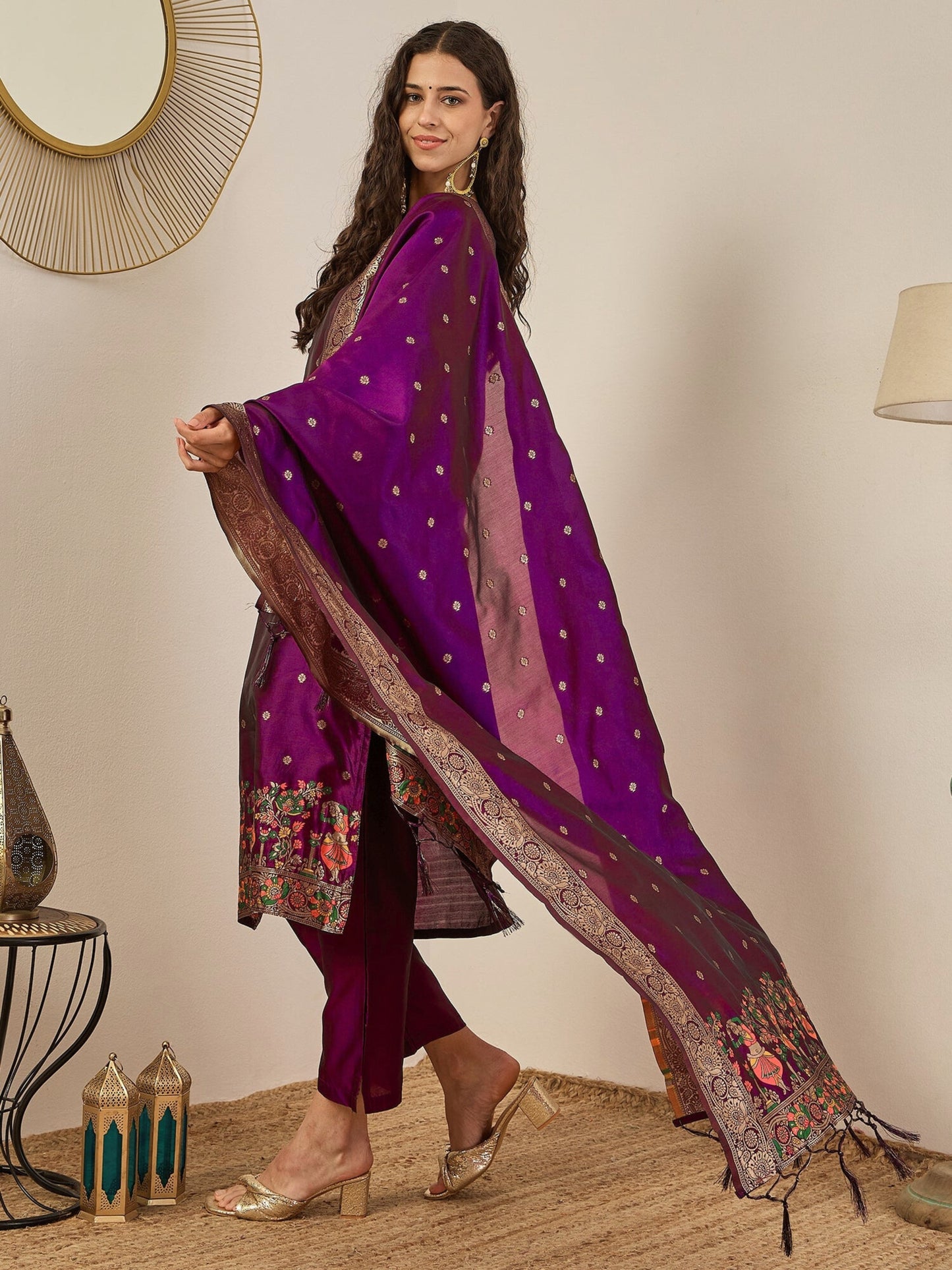 Wine Banarasi Silk Jacquard Kurta Set with Dupatta