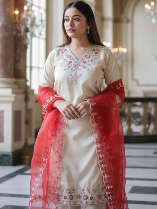 Elegant Beige Straight Kurta Set with Floral Embroidery & Contrast Dupatta