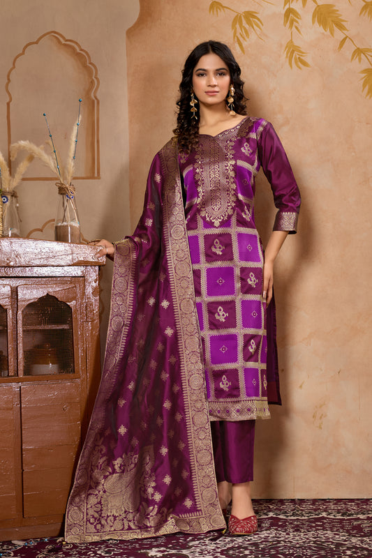 Wine Banarasi Silk Jacquard Kurta Set with Dupatta