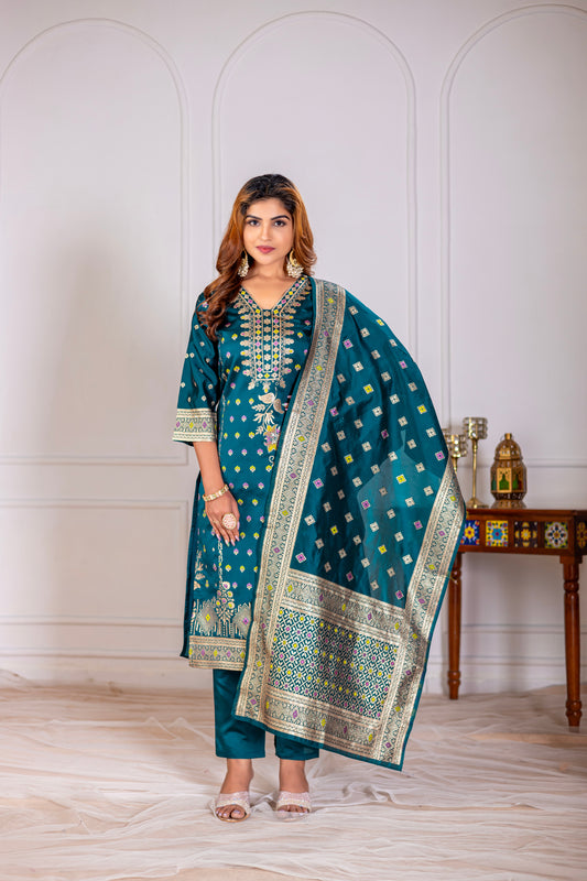 Teal Silk jacquard Kurta Set with Dupatta