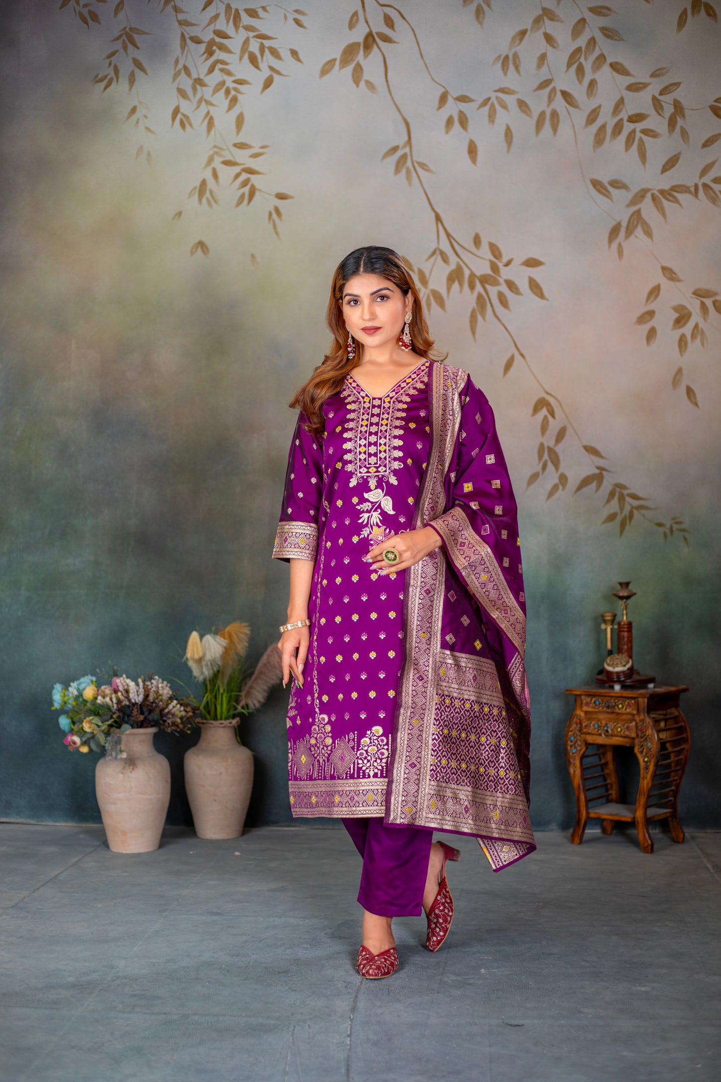 Magenta Silk jacquard Kurta Set with Dupatta