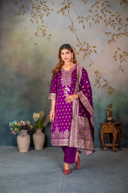 Magenta Silk jacquard Kurta Set with Dupatta
