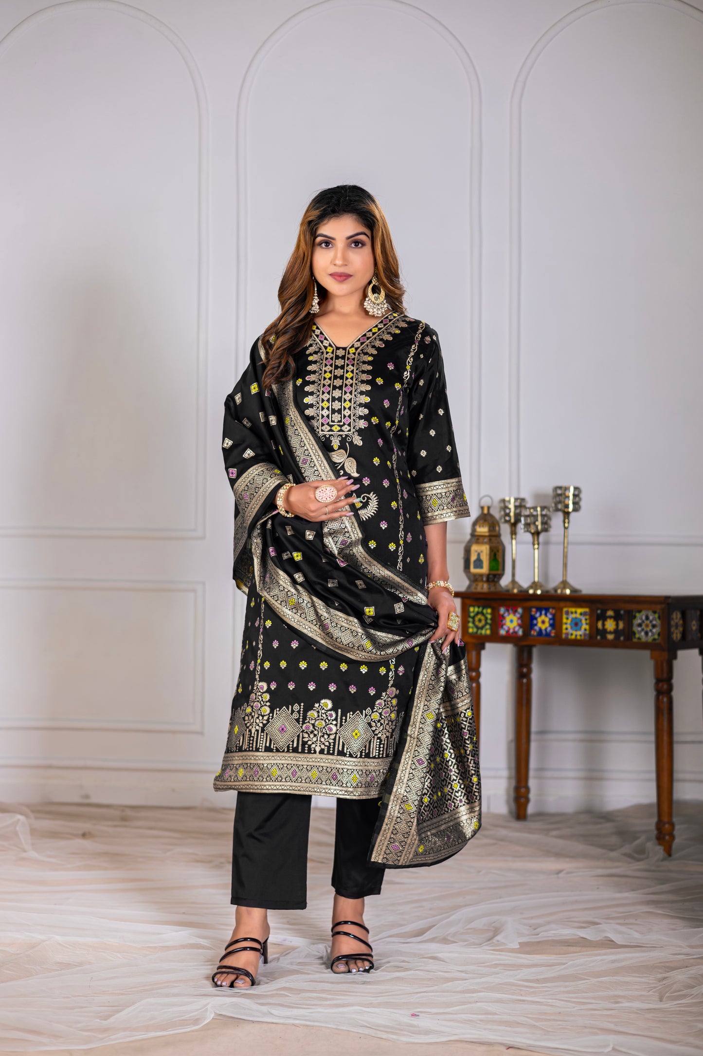 Black Silk jacquard Kurta Set with Dupatta