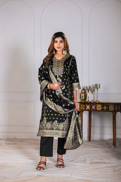 Black Silk jacquard Kurta Set with Dupatta