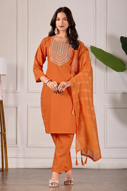 Elegant Orange Rayon Kurta Set with Dupatta & Embroidery