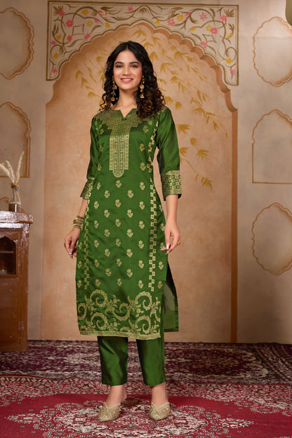 Banarasi Green Silk Jacquard Kurta Set with Dupatta