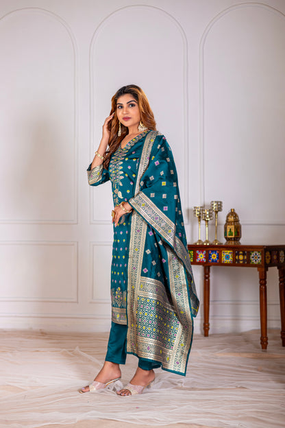 Teal Silk jacquard Kurta Set with Dupatta