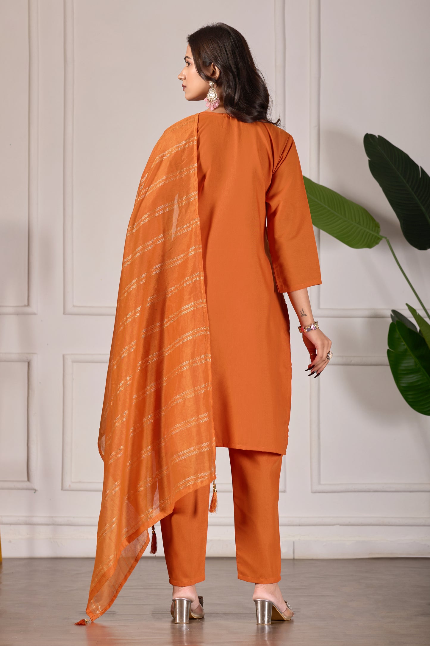 Elegant Orange Rayon Kurta Set with Dupatta & Embroidery