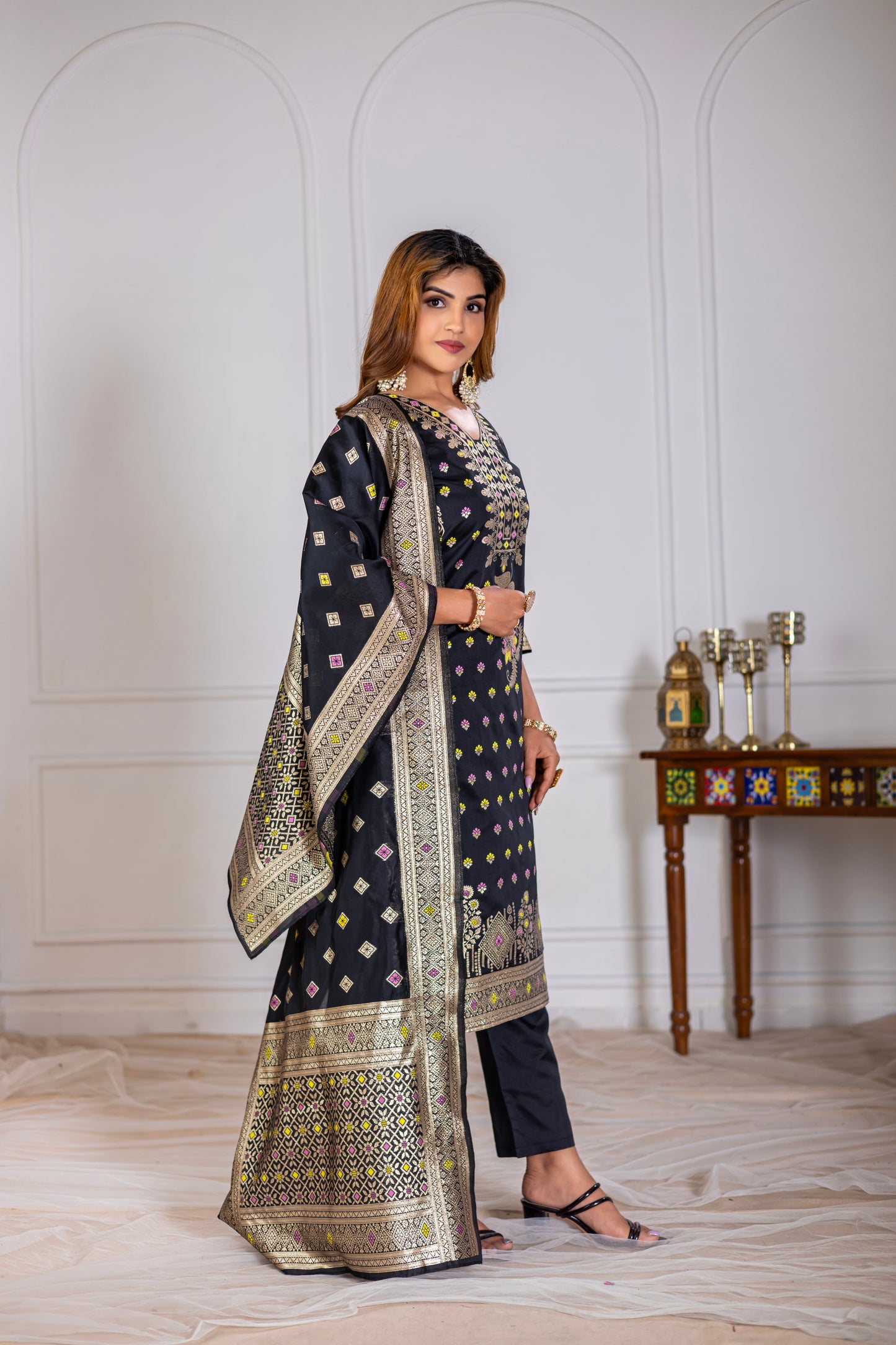 Black Silk jacquard Kurta Set with Dupatta