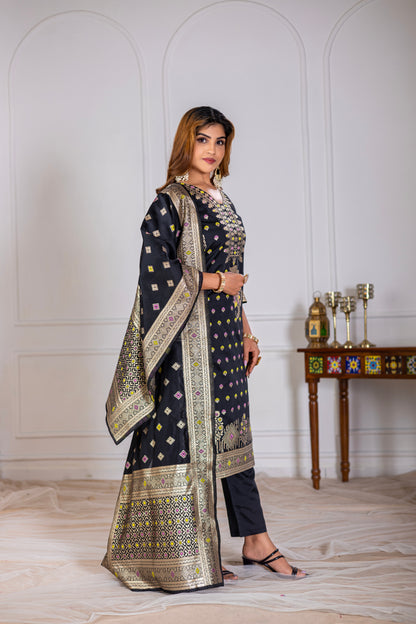 Black Silk jacquard Kurta Set with Dupatta