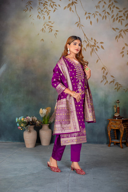 Magenta Silk jacquard Kurta Set with Dupatta