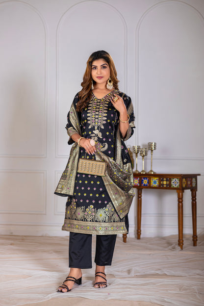 Black Silk jacquard Kurta Set with Dupatta