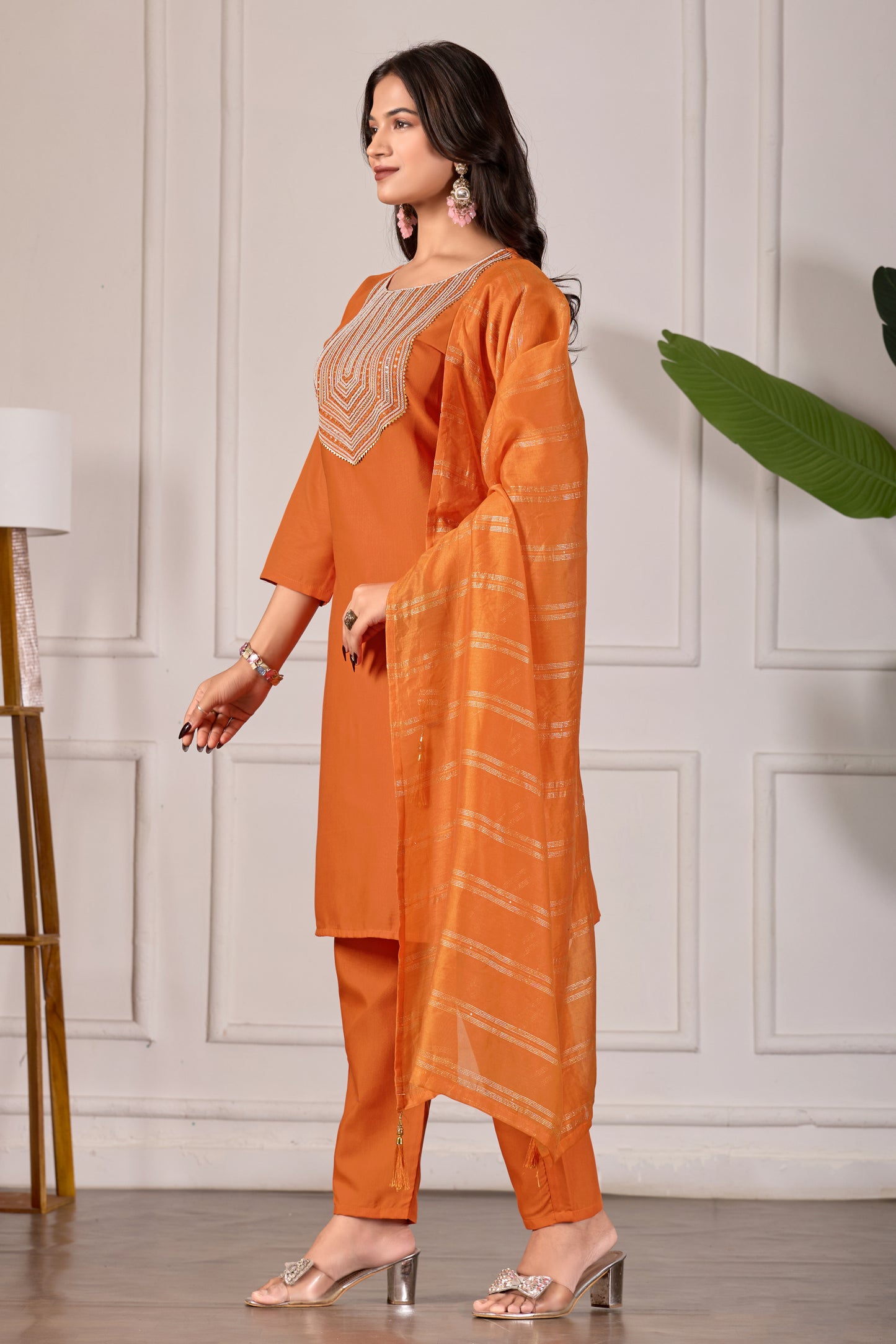 Elegant Orange Rayon Kurta Set with Dupatta & Embroidery